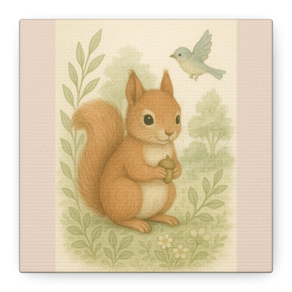 Whimsical Animal Art Print, Cozy Home Decor, Squirrel and Bird Canvas, Pink Collection,Nursery Wall Art, Gift for Nature Lovers