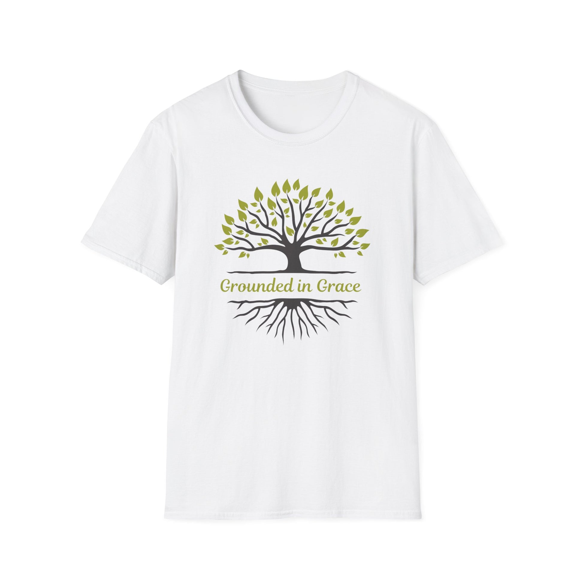 Grounded in Grace Tree T-Shirt | Unisex Softstyle Tee for Nature Lovers, Eco-Friendly Gift, Mindfulness, Spirituality, Everyday Wear