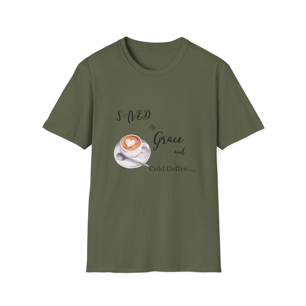Grace and Cold Coffee T-Shirt, Inspirational Tee, Gift for Coffee Lovers, Faith-Based Apparel, Casual Everyday Wear, Perfect for Birthdays