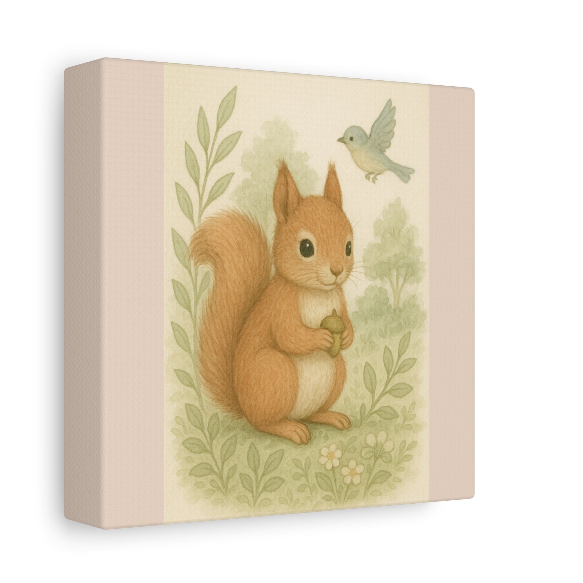 Whimsical Animal Art Print, Cozy Home Decor, Squirrel and Bird Canvas, Pink Collection,Nursery Wall Art, Gift for Nature Lovers