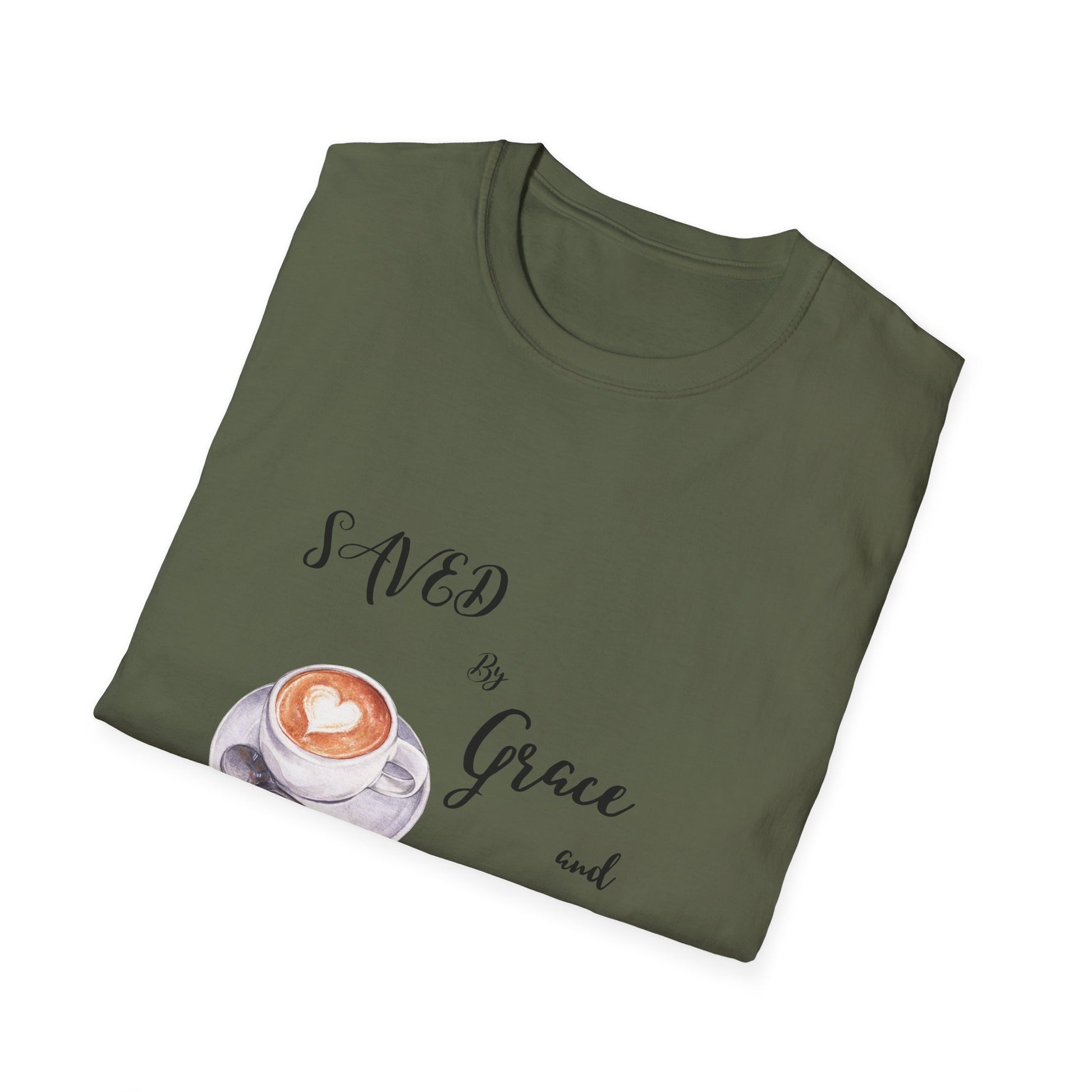Grace and Cold Coffee T-Shirt, Inspirational Tee, Gift for Coffee Lovers, Faith-Based Apparel, Casual Everyday Wear, Perfect for Birthdays
